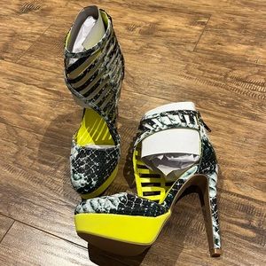 Women’s High Heel Platform Sandals in Neon Yellow and Snake Print